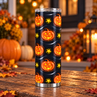 Jack-o-lanterns and stars on black — single tumbler on autumn porch