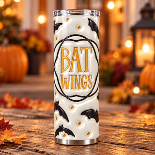 Bat Wings: black bats and gold lettering — single tumbler on autumn porch