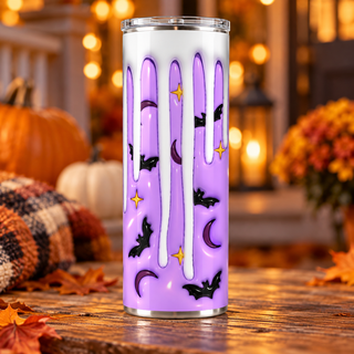 Bats on lavender with white drips — single tumbler on autumn porch