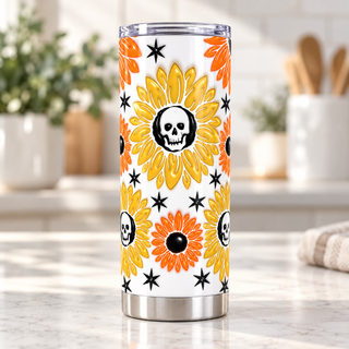Sunflowers with skull centers — single tumbler on kitchen counter