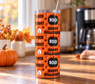 Trick or Treat / Boo / Happy Halloween orange pattern — realistic kitchen lifestyle mockup of one 20 oz skinny tumbler