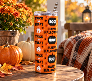 Trick or Treat / Boo / Happy Halloween orange pattern — realistic porch lifestyle mockup of one 20 oz skinny tumbler