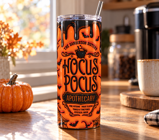 Witch Apothecary: orange drip design — realistic kitchen lifestyle mockup of one 20 oz skinny tumbler
