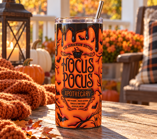 Witch Apothecary: orange drip design — realistic porch lifestyle mockup of one 20 oz skinny tumbler