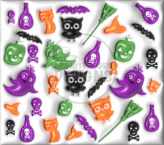 Colorful Halloween icons: cats, ghosts and potions — full flat artwork preview with approximately 30% logo watermark