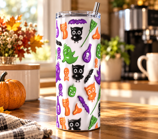 Colorful Halloween icons: cats, ghosts and potions — realistic kitchen lifestyle mockup of one 20 oz skinny tumbler