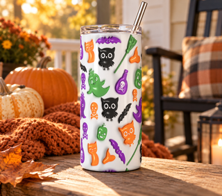 Colorful Halloween icons: cats, ghosts and potions — realistic porch lifestyle mockup of one 20 oz skinny tumbler