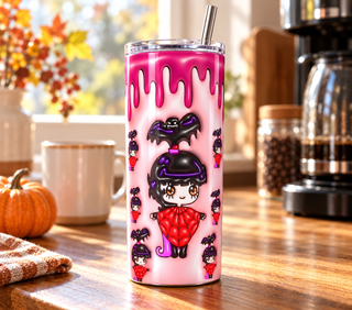 Cartoon Woman dressed as a witch on pink — realistic kitchen lifestyle mockup of one 20 oz skinny tumbler