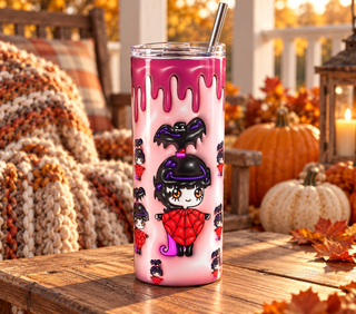 Cartoon Woman dressed as a witch on pink — realistic porch lifestyle mockup of one 20 oz skinny tumbler