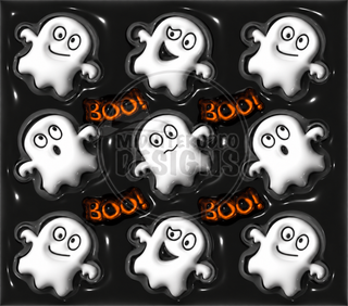 White ghosts with Boo on black — full flat artwork preview with approximately 30% logo watermark
