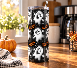 White ghosts with Boo on black — realistic kitchen lifestyle mockup of one 20 oz skinny tumbler