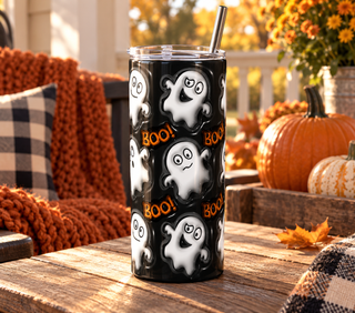White ghosts with Boo on black — realistic porch lifestyle mockup of one 20 oz skinny tumbler