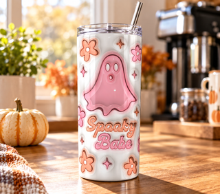 Spooky Babe: pink ghost and flowers — realistic kitchen lifestyle mockup of one 20 oz skinny tumbler