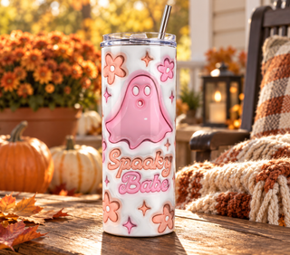 Spooky Babe: pink ghost and flowers — realistic porch lifestyle mockup of one 20 oz skinny tumbler