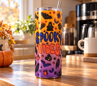 Spooky Vibes: Halloween icons on orange-purple — realistic kitchen lifestyle mockup of one 20 oz skinny tumbler