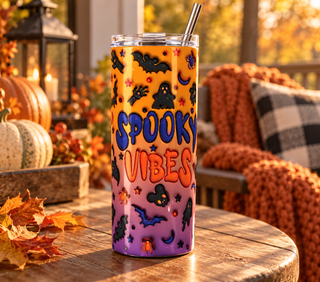 Spooky Vibes: Halloween icons on orange-purple — realistic porch lifestyle mockup of one 20 oz skinny tumbler