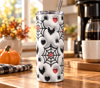 Spiderwebs, bats and hearts — realistic kitchen lifestyle mockup of one 20 oz skinny tumbler
