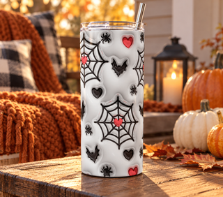 Spiderwebs, bats and hearts — realistic porch lifestyle mockup of one 20 oz skinny tumbler