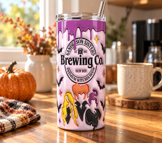 Witch Brewing: pink-purple silhouette design — realistic kitchen lifestyle mockup of one 20 oz skinny tumbler