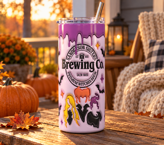 Witch Brewing: pink-purple silhouette design — realistic porch lifestyle mockup of one 20 oz skinny tumbler