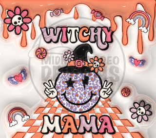 Witch Mama: witch-hat smiley and flowers — full flat artwork preview with approximately 30% logo watermark