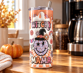 Witch Mama: witch-hat smiley and flowers — realistic kitchen lifestyle mockup of one 20 oz skinny tumbler