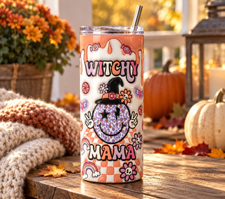 Witch Mama: witch-hat smiley and flowers — realistic porch lifestyle mockup of one 20 oz skinny tumbler