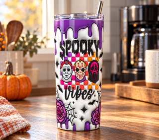 Spooky Vibes: horror masks and purple roses — 20 oz skinny stainless steel tumbler in a home kitchen lifestyle mockup