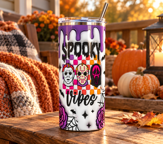 Spooky Vibes: horror masks and purple roses — 20 oz skinny stainless steel tumbler on an autumn porch lifestyle mockup