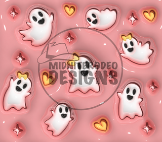 Cute white ghosts and yellow hearts on pink — full flat artwork preview with faint MidniteRodeo Designs watermark