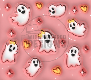 Cute white ghosts and yellow hearts on pink — full flat artwork preview with faint MidniteRodeo Designs logo watermark