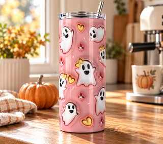 Cute white ghosts and yellow hearts on pink — 20 oz skinny stainless steel tumbler in a home kitchen lifestyle mockup