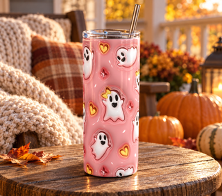 Cute white ghosts and yellow hearts on pink — 20 oz skinny stainless steel tumbler on an autumn porch lifestyle mockup