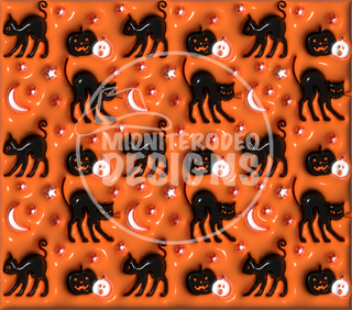 Black cats, pumpkins and moons on orange — full flat artwork preview with faint MidniteRodeo Designs watermark
