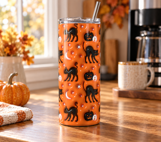 Black cats, pumpkins and moons on orange — 20 oz skinny stainless steel tumbler in a home kitchen lifestyle mockup
