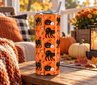 Black cats, pumpkins and moons on orange — 20 oz skinny stainless steel tumbler on an autumn porch lifestyle mockup