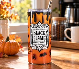 Witch Candle on orange — 20 oz skinny stainless steel tumbler in a home kitchen lifestyle mockup