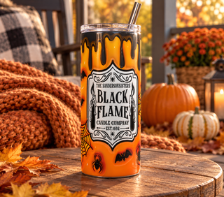 Witch Candle on orange — 20 oz skinny stainless steel tumbler on an autumn porch lifestyle mockup
