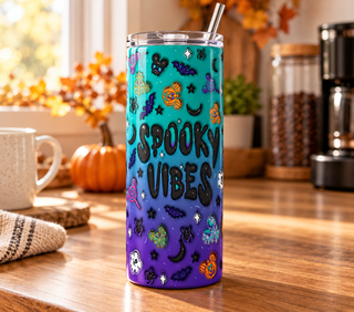 Spooky Vibes: Halloween icons on teal-purple — 20 oz skinny stainless steel tumbler in a home kitchen lifestyle mockup