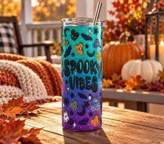 Spooky Vibes: Halloween icons on teal-purple — 20 oz skinny stainless steel tumbler on an autumn porch lifestyle mockup