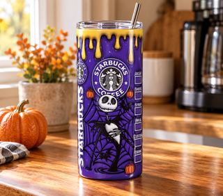 Striped-Suit Skeleton coffee parody on purple — 20 oz skinny stainless steel tumbler in a home kitchen lifestyle mockup