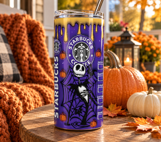 Striped-Suit Skeleton coffee parody on purple — 20 oz skinny stainless steel tumbler on an autumn porch lifestyle mockup