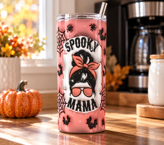 Spooky Mama: bun, bow and sunglasses — 20 oz skinny stainless steel tumbler in a home kitchen lifestyle mockup