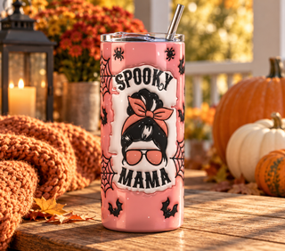 Spooky Mama: bun, bow and sunglasses — 20 oz skinny stainless steel tumbler on an autumn porch lifestyle mockup