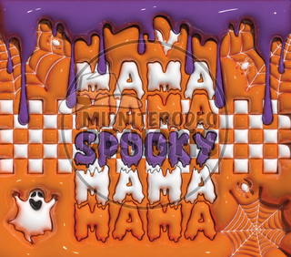 Spooky Mama repeated lettering on orange checkerboard — full flat artwork preview with faint MidniteRodeo Designs watermark