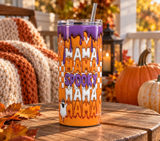 Spooky Mama repeated lettering on orange checkerboard — 20 oz skinny stainless steel tumbler on an autumn porch lifestyle mockup