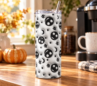 Black smiling ghosts and moons on white — 20 oz skinny stainless steel tumbler in a home kitchen lifestyle mockup