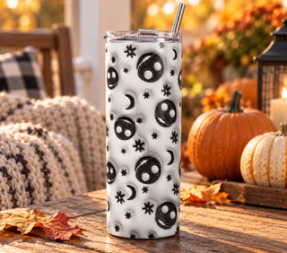 Black smiling ghosts and moons on white — 20 oz skinny stainless steel tumbler on an autumn porch lifestyle mockup
