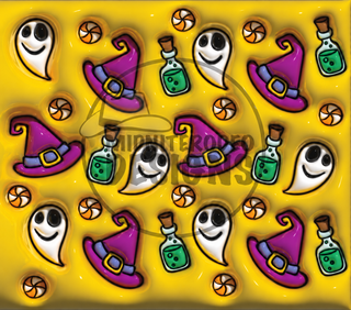 Ghosts, witch hats and potion bottles on yellow — full flat artwork preview with faint MidniteRodeo Designs logo watermark