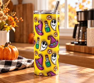 Ghosts, witch hats and potion bottles on yellow — 20 oz skinny stainless steel tumbler in a home kitchen lifestyle mockup